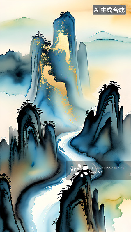 【AI数字艺术】中国画山水写意水墨画系列  美丽的自然山水风光图片素材