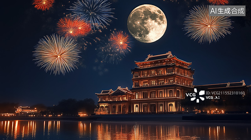 【AI数字艺术】中秋夜的中国古建筑图片素材