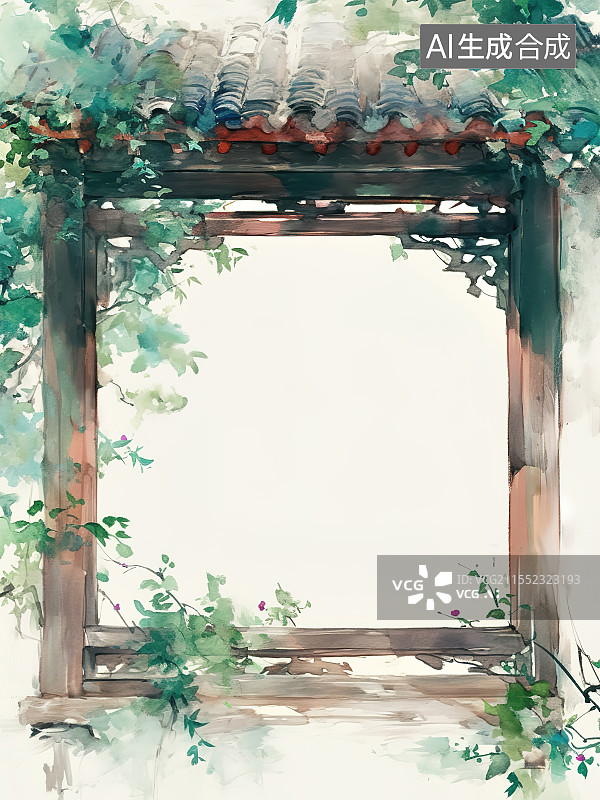 【AI数字艺术】水墨画背景最大，新国风中式门框屋顶瓦片窗户轩窗木制边框花边绿色植物鲜花 框景构图艺术图片素材