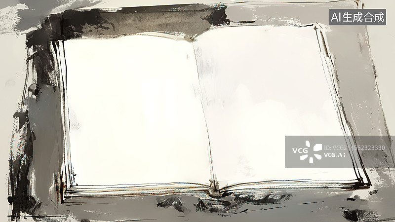 【AI数字艺术】水墨画背景最大，桌子上一本摊开的古书 完全空白的页面 写字书写设计素材背景元素图片素材