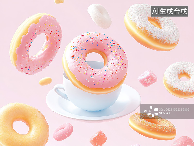 【AI数字艺术】飞在天空中的甜甜圈，甜蜜节日背景图片素材