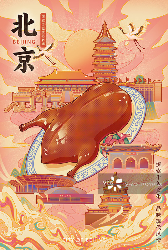 国潮风北京烤鸭故宫雁栖湖颐和园中国国家博物馆大气国风宣传文旅插画海报图片素材