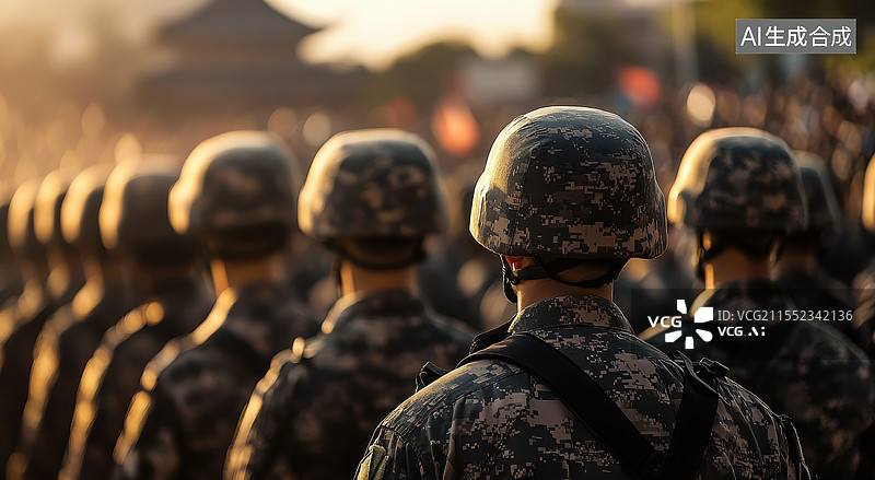 【AI数字艺术】穿着军装的大学生在参加军训的背影图片素材