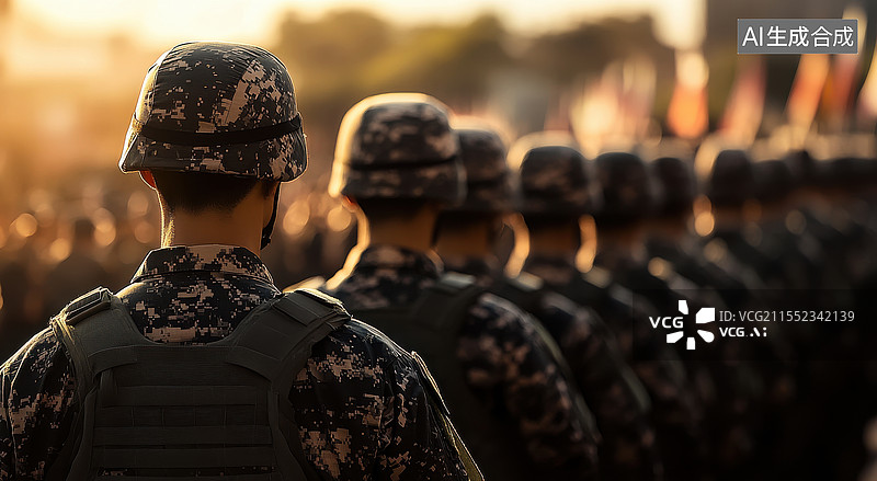 【AI数字艺术】穿着军装的大学生在参加军训的背影图片素材