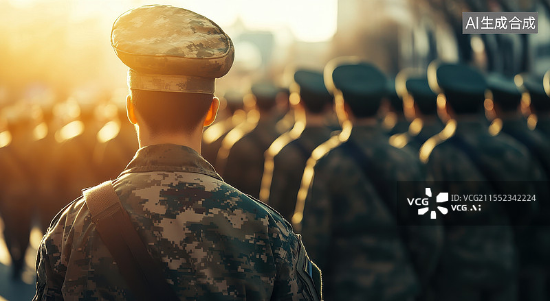 【AI数字艺术】穿着军装的大学生在参加军训的背影图片素材