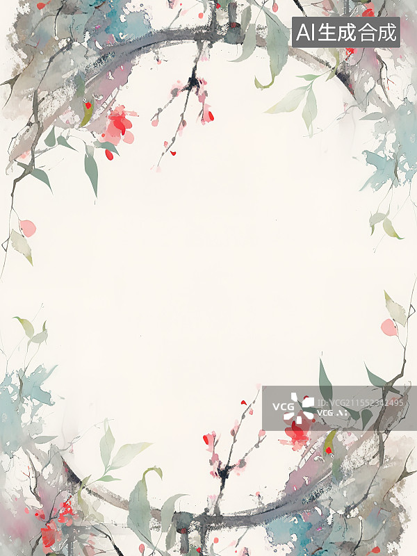 【AI数字艺术】水墨画背景环绕，新国风花卉植物印花图案装饰画花边边框设计素材图片素材