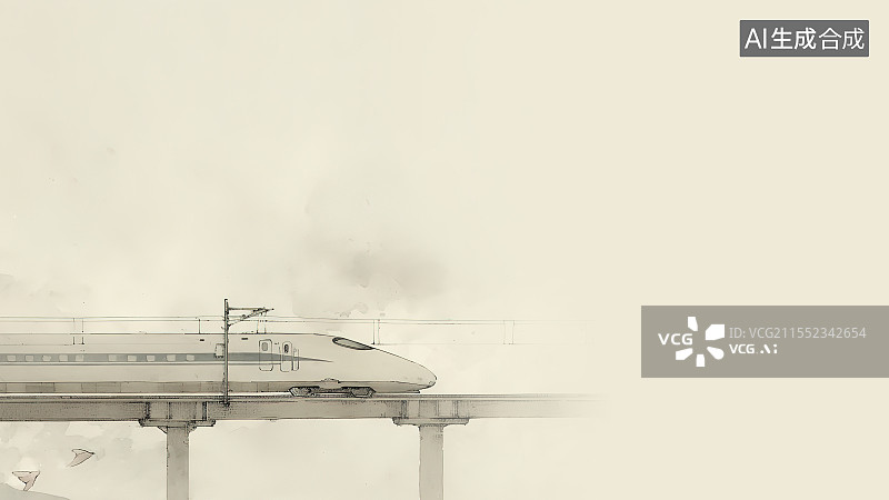 【AI数字艺术】水墨画背景左下，高架桥上行驶的高铁列车图片素材