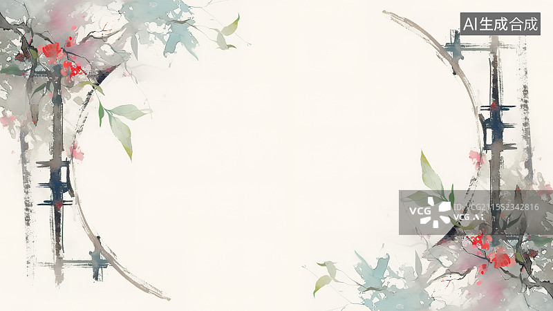 【AI数字艺术】水墨画背景两侧，木框装饰边框花边 新国风中式窗户轩窗 园林框景艺术装饰 盛开的鲜花 中式意境图片素材