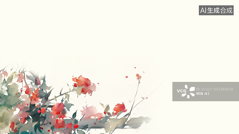 【AI数字艺术】水墨画背景左下，花架上缠绕生长的植物花卉鲜花 庭院花园风景装饰点缀图片素材