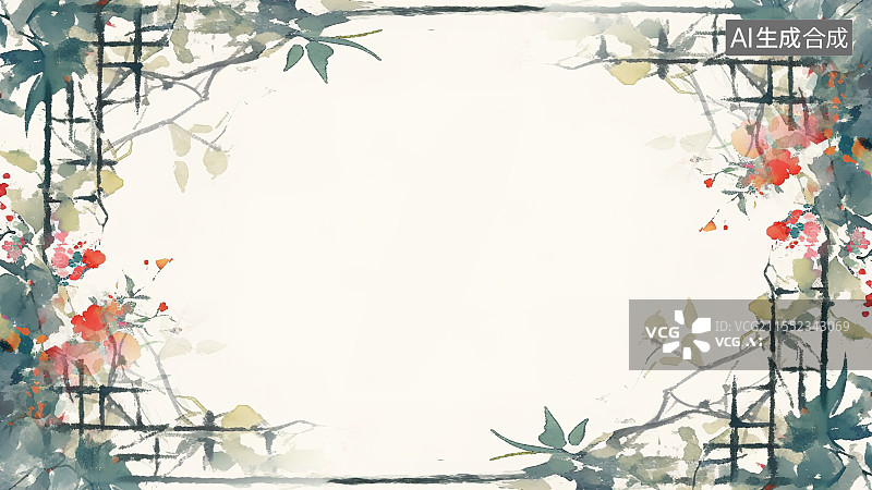 【AI数字艺术】水墨画背景环绕，木框装饰边框花边 新国风中式窗户轩窗 园林框景艺术装饰 盛开的鲜花 中式意境图片素材