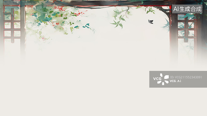 【AI数字艺术】水墨画背景居上，花架上缠绕生长的植物花卉鲜花 庭院花园风景装饰点缀图片素材