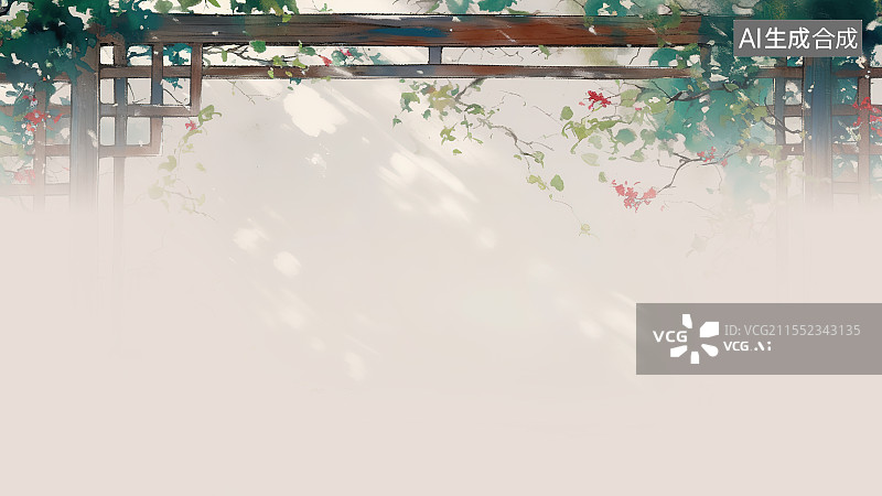 【AI数字艺术】水墨画背景居上，花架上缠绕生长的植物花卉鲜花 庭院花园风景装饰点缀图片素材