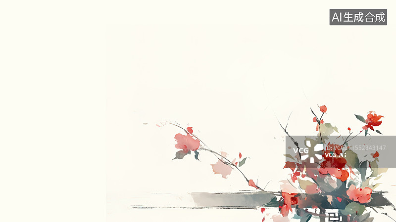 【AI数字艺术】水墨画背景右下，花架上缠绕生长的植物花卉鲜花 庭院花园风景装饰点缀图片素材