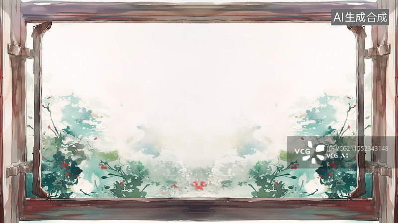 【AI数字艺术】水墨画背景环绕，木框装饰边框花边 新国风中式窗户轩窗 园林框景艺术装饰 盛开的鲜花 中式意境图片素材