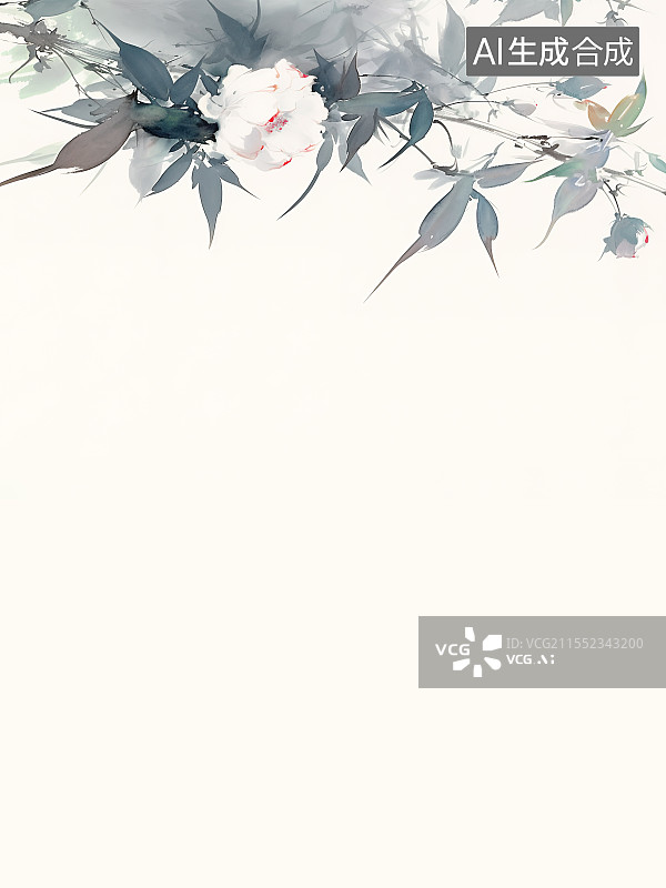【AI数字艺术】水墨画背景居上，洁白纯净的鲜花盛开 墨绿色的枝叶 极简风格图片素材
