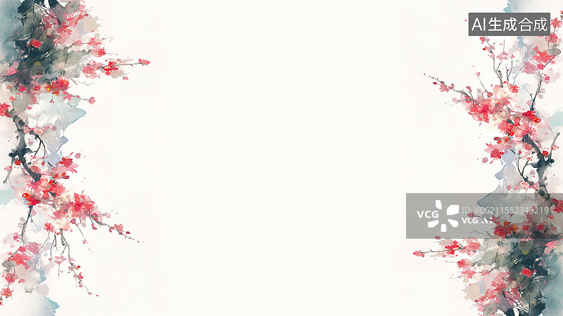 【AI数字艺术】水墨画背景两侧，清新唯美半透明水彩质感 粉红色的小花开满枝头图片素材