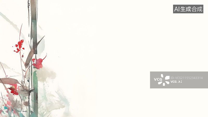 【AI数字艺术】水墨画背景居左，花架上缠绕生长的植物花卉鲜花 庭院花园风景装饰点缀图片素材