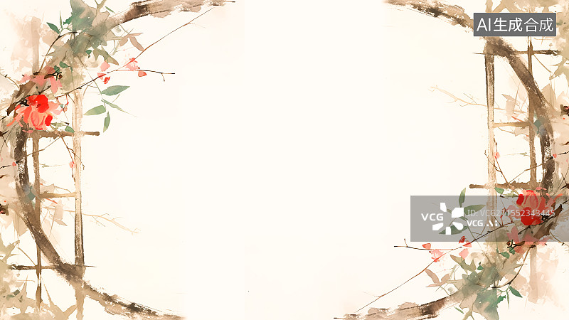 【AI数字艺术】水墨画背景环绕，木框装饰边框花边 新国风中式窗户轩窗 园林框景艺术装饰 盛开的鲜花 中式意境图片素材