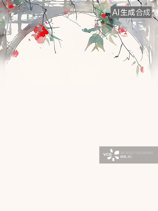 【AI数字艺术】水墨画背景居上，花架上缠绕生长的植物花卉鲜花 庭院花园风景装饰点缀图片素材
