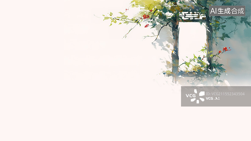 【AI数字艺术】水墨画背景右上，木框装饰边框花边 新国风中式窗户轩窗 园林框景艺术装饰 盛开的鲜花 中式意境图片素材