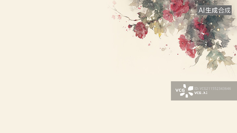 【AI数字艺术】水墨画背景右上，清新唯美水彩艺术风格花卉花朵植物装饰图案设计素材图片素材