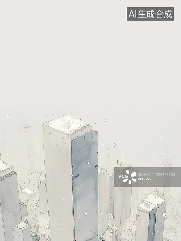 【AI数字艺术】水墨画背景居下，从天空俯瞰现代城市建筑楼顶 顶视视角俯视图大透视 冬天下雪天气雪花漫天飘舞图片素材