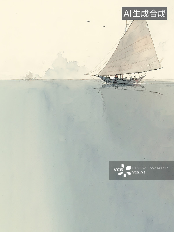 【AI数字艺术】水墨画背景右上，一艘扬帆远航的船只 平静的大海上 风平浪静的海面水面地平线 蓝天白云 阴天天气图片素材