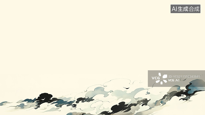 【AI数字艺术】水墨画背景居下，新国风海水浪花装饰图案花边素材图片素材