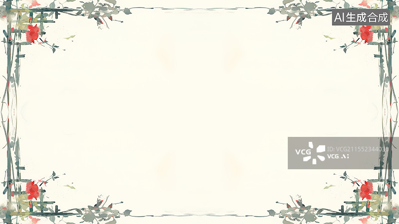 【AI数字艺术】水墨画背景常规，木框装饰边框花边 新国风中式窗户轩窗 园林框景艺术装饰 盛开的鲜花 中式意境图片素材