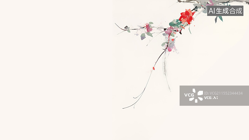 【AI数字艺术】水墨画背景右上，清新唯美水彩艺术风格花卉花朵植物装饰图案设计素材图片素材