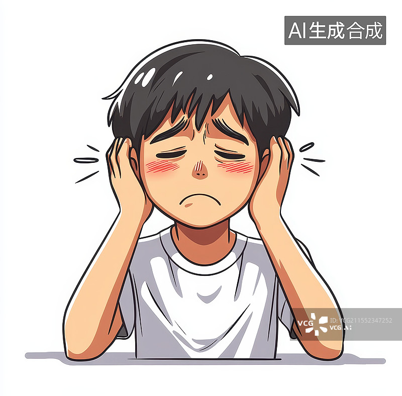 【AI数字艺术】白色背景下的一个被噪音困扰捂住耳朵的小男孩图片素材