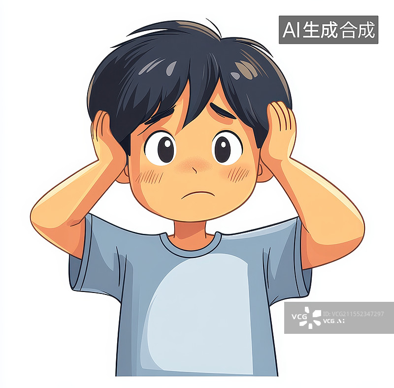 【AI数字艺术】白色背景下的一个被噪音困扰捂住耳朵的小男孩图片素材
