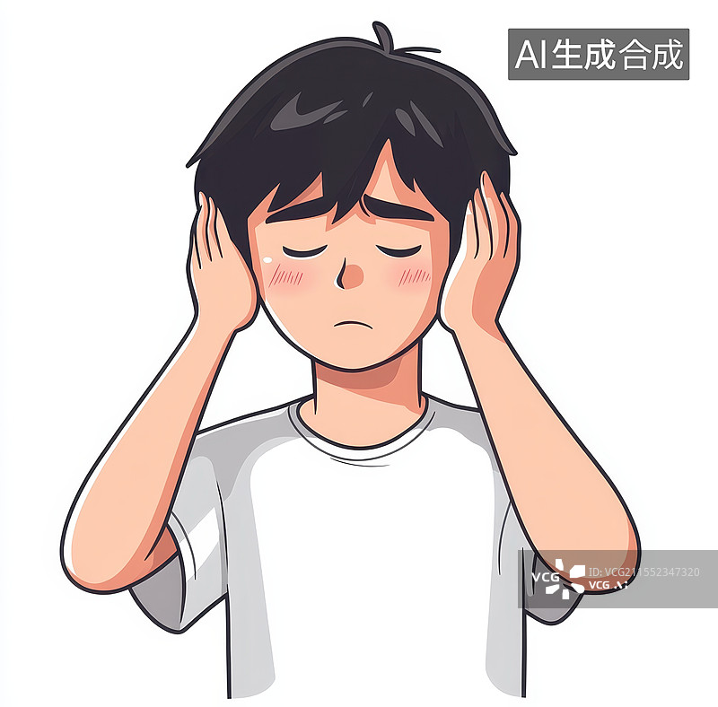 【AI数字艺术】白色背景下的一个被噪音困扰捂住耳朵的小男孩图片素材