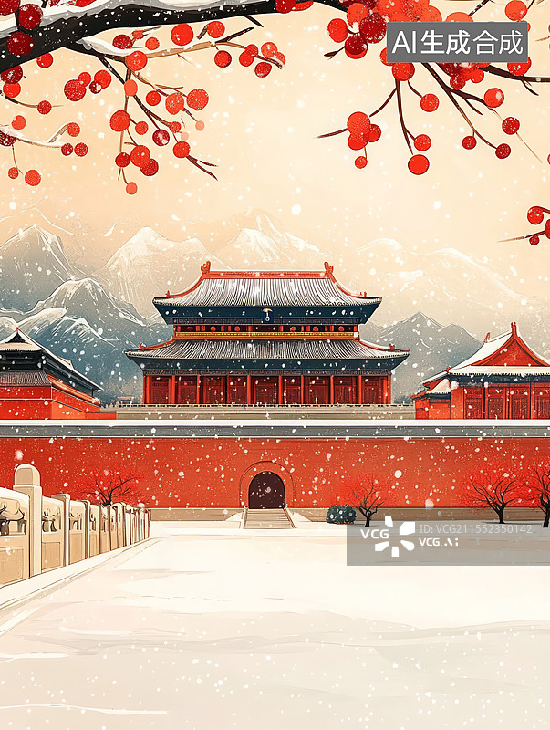 【AI数字艺术】冬天中国传统宫殿建筑红墙雪景图片素材