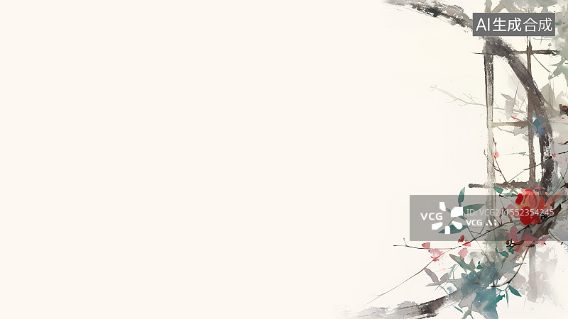 【AI数字艺术】水墨画背景居右，花架上缠绕生长的植物花卉鲜花 庭院花园风景装饰点缀图片素材