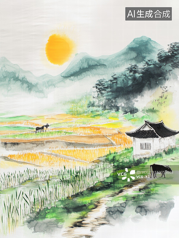 【AI数字艺术】一幅宁静的乡村景象。画面中，一位农民正在田间劳作，身旁有几头水牛在悠闲地吃草。图片素材
