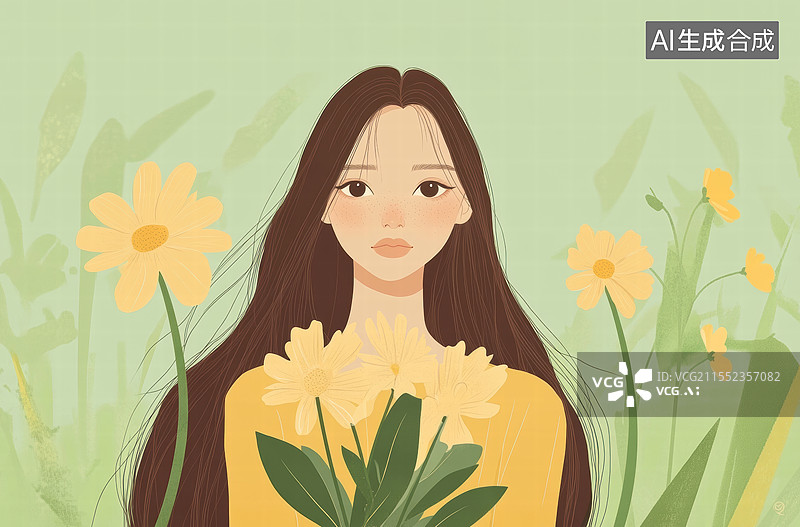 【AI数字艺术】一位长发女孩，她穿着黄色的衣服，手中拿着几朵黄色的花朵。图片素材