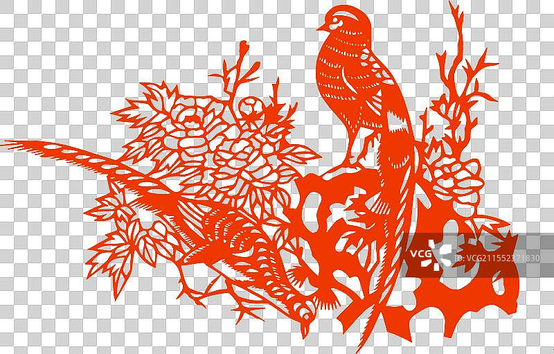 传统图案，剪纸艺术，盛开，花卉，锦鸡图片素材