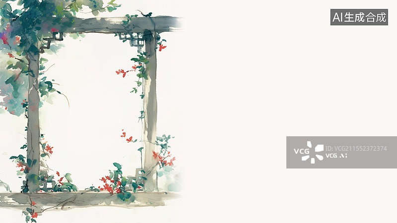 【AI数字艺术】水墨画背景居左，木框装饰边框花边 新国风中式窗户轩窗 园林框景艺术装饰 盛开的鲜花图片素材