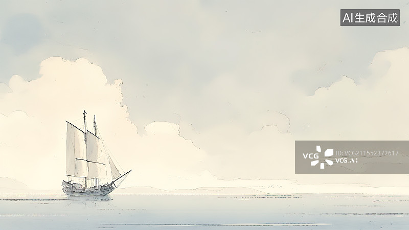 【AI数字艺术】水墨画背景左下，一艘扬帆远航的船只 平静的大海上 风平浪静的海面水面地平线 蓝天白云 阴天天气图片素材