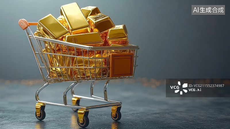 【AI数字艺术】装满黄金金条的购物车模型图片素材