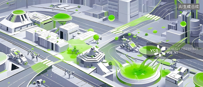【AI数字艺术】机械自愈城市扁平插画，纳米机器人重组钛银建筑，绿光应力网预警工业美学图片素材