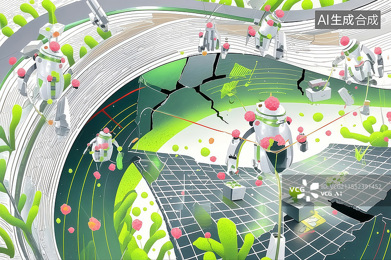 【AI数字艺术】机械自愈城市扁平插画，纳米机器人重组钛银建筑，绿光应力网预警工业美学图片素材