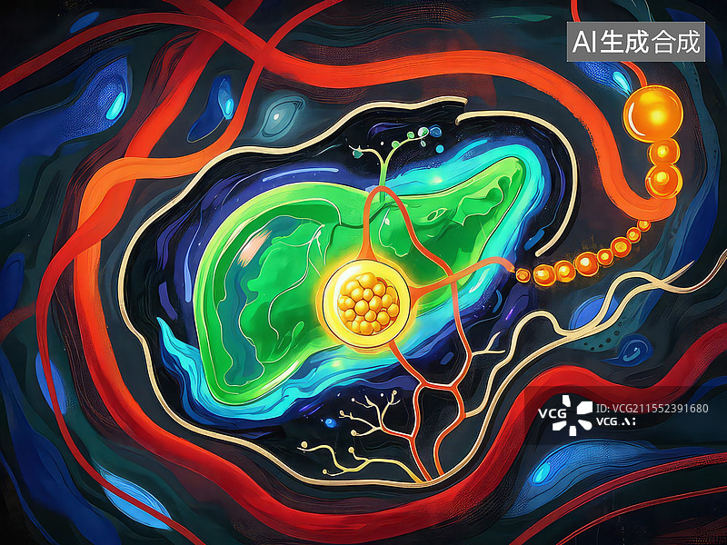 【AI数字艺术】肝胆星图能量炼金扁平插画人体器官肝脏胆管图片素材