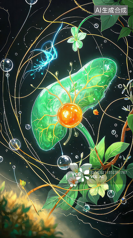【AI数字艺术】肝胆星图能量炼金扁平插画人体器官肝脏胆管图片素材