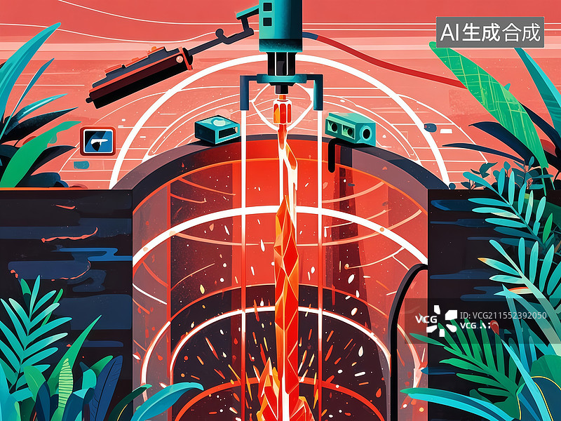 【AI数字艺术】地心能源井扁平插画，岩浆红黑曜石井喷发能量晶体，量子传感器监测热浪光环图片素材