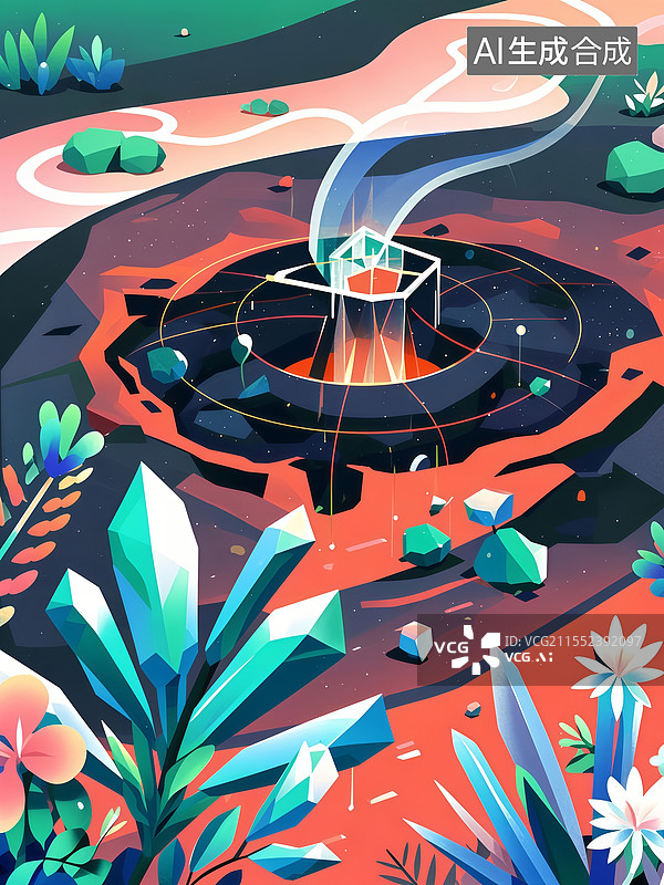 【AI数字艺术】地心能源井扁平插画，岩浆红黑曜石井喷发能量晶体，量子传感器监测热浪光环图片素材