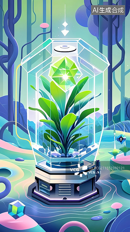 【AI数字艺术】扁平风生物科技插画，机械植物光能导管交织荧光绿透明渐变，六边形舱体展现未来能源系统。图片素材