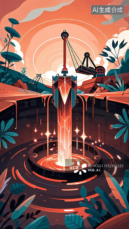 【AI数字艺术】地心能源井扁平插画，岩浆红黑曜石井喷发能量晶体，量子传感器监测热浪光环图片素材