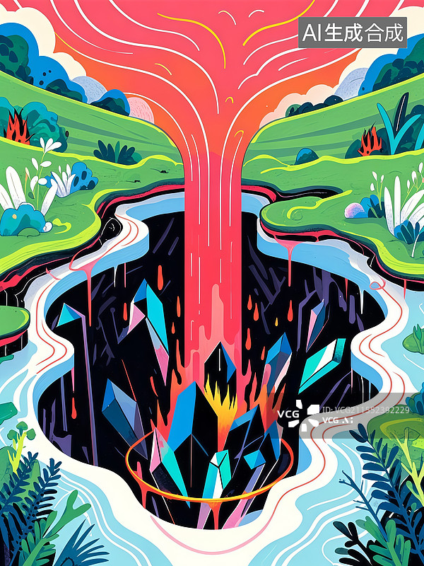 【AI数字艺术】地心能源井扁平插画，岩浆红黑曜石井喷发能量晶体，量子传感器监测热浪光环图片素材